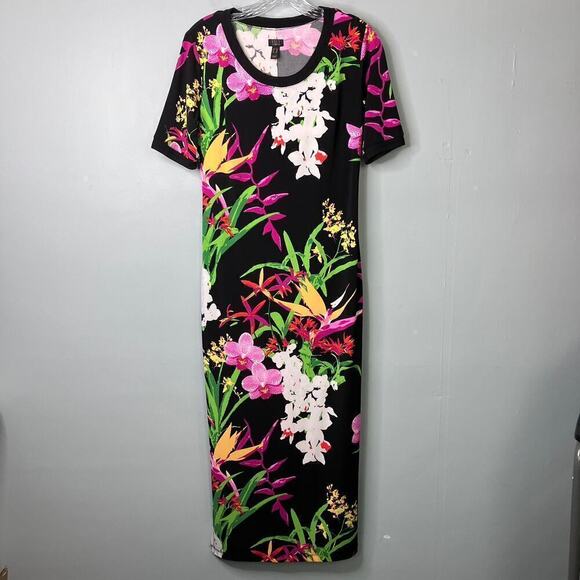 G.I.L.I. Got It Love It Short Sleeve Black Floral Bodycon Maxi Dress Size XSP - Picture 13 of 15